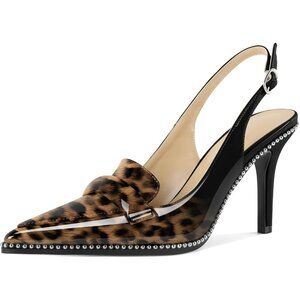 Women Leopard 1 Stiletto Beaded Shoes Pointed Toe Slip On Loafers Slingback Heel